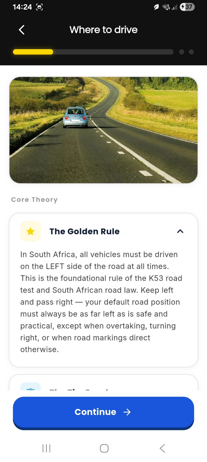 LTD lesson screen explaining the golden rule of driving on the left in South Africa